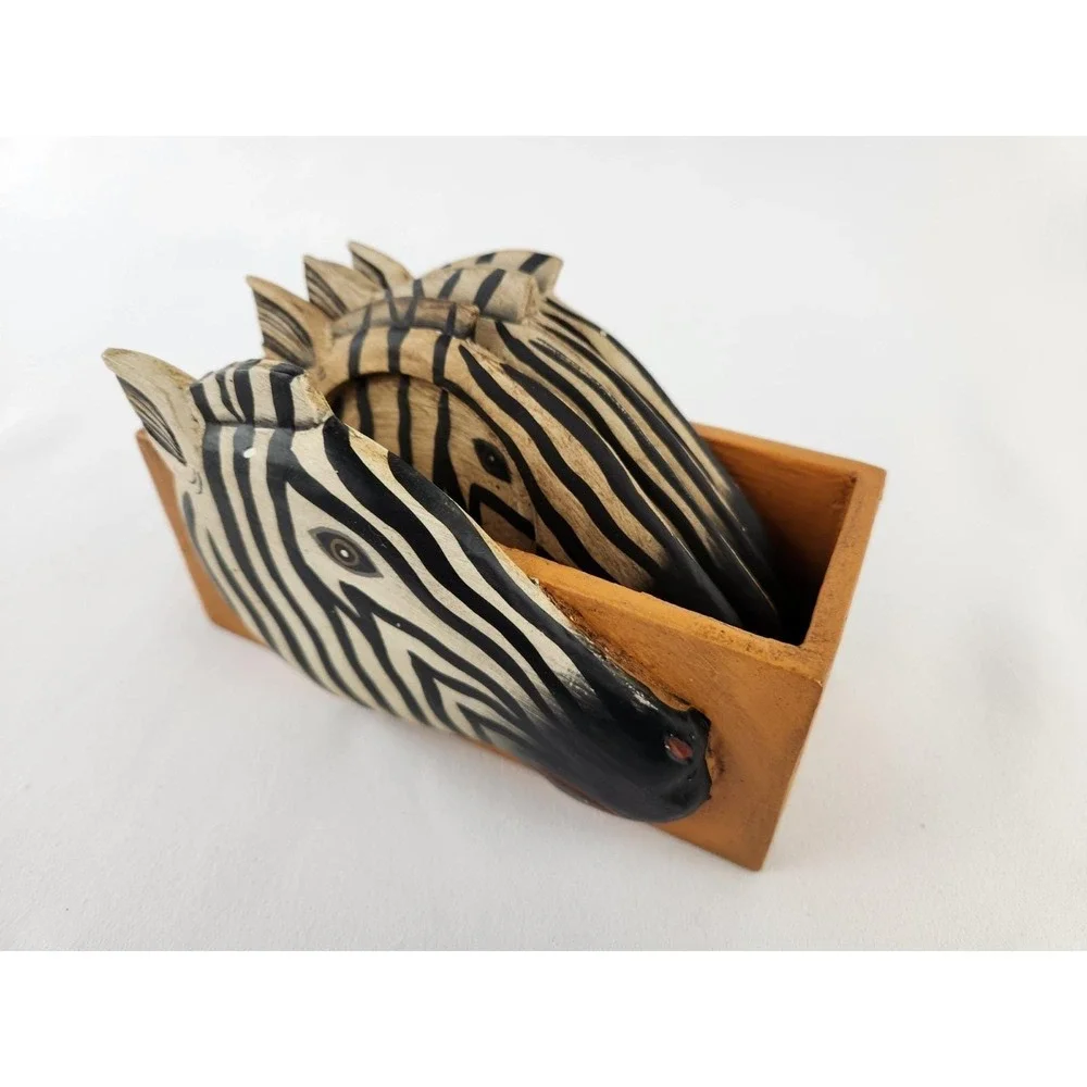 Zebra Head Wood Coasters Set Holder Lily M Wilson Hand Painted Safari MCM VTG